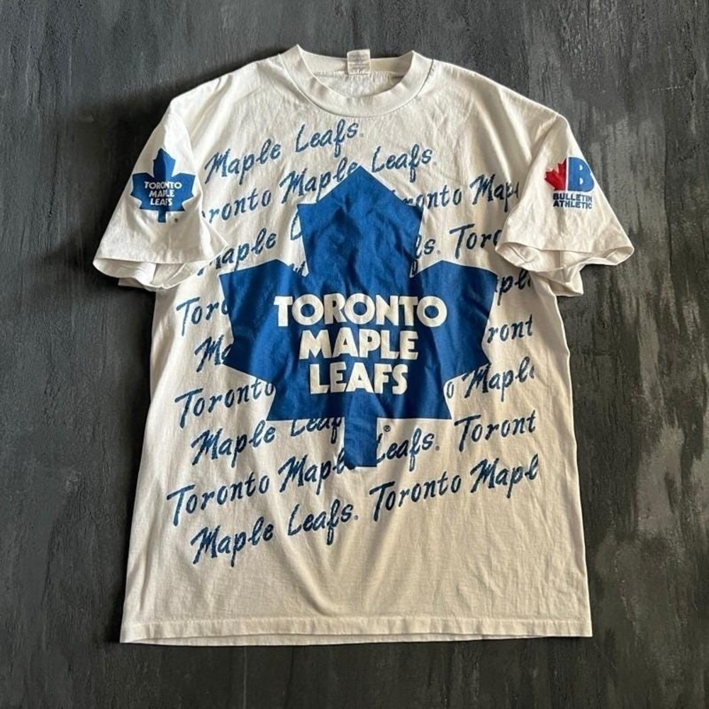 Vintage Toronto Maple Leafs Shirt Mens Large White 1990s AOP NHL Bulletin